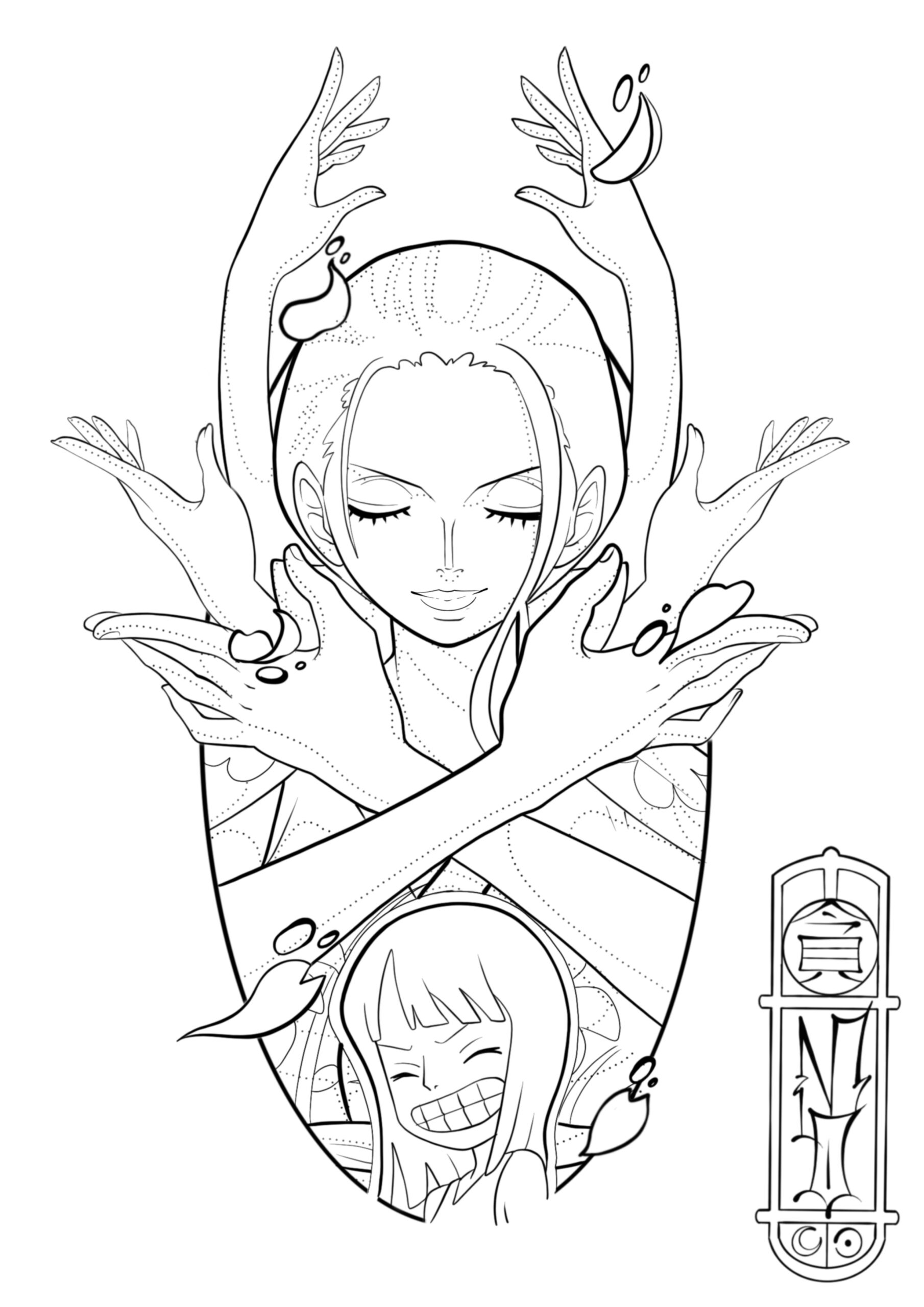 Zu sehen ist eine Tattoovorlage von Nico Robin aus One piece. Animetattoo