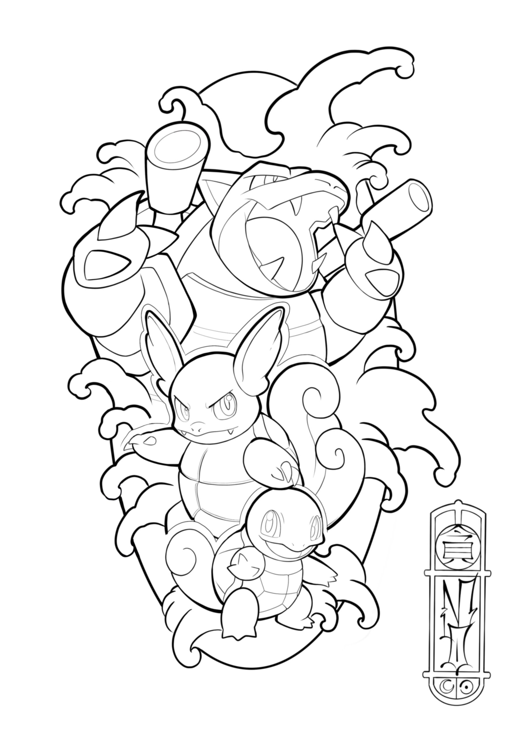 Zu sehen ist eine Animetatoo vorläge von drei Pokemon: Schiggy, Schillok und Turtok. Gemalt von Momo Soba.