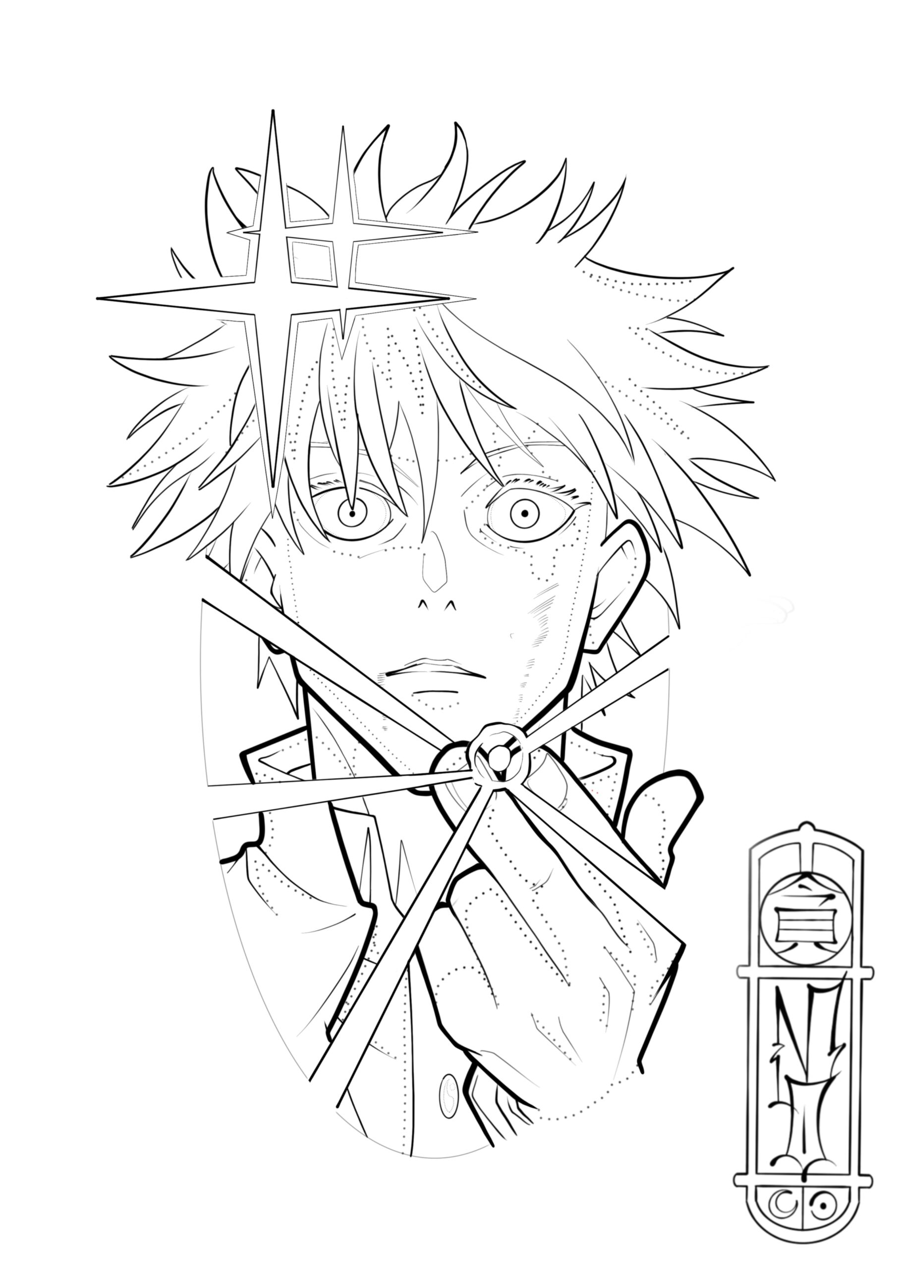 Zu sehen ist eine Animetattoo Vorlage von Gojo Saturo aus Jujutsukaisen, gemalt von Momo Soba