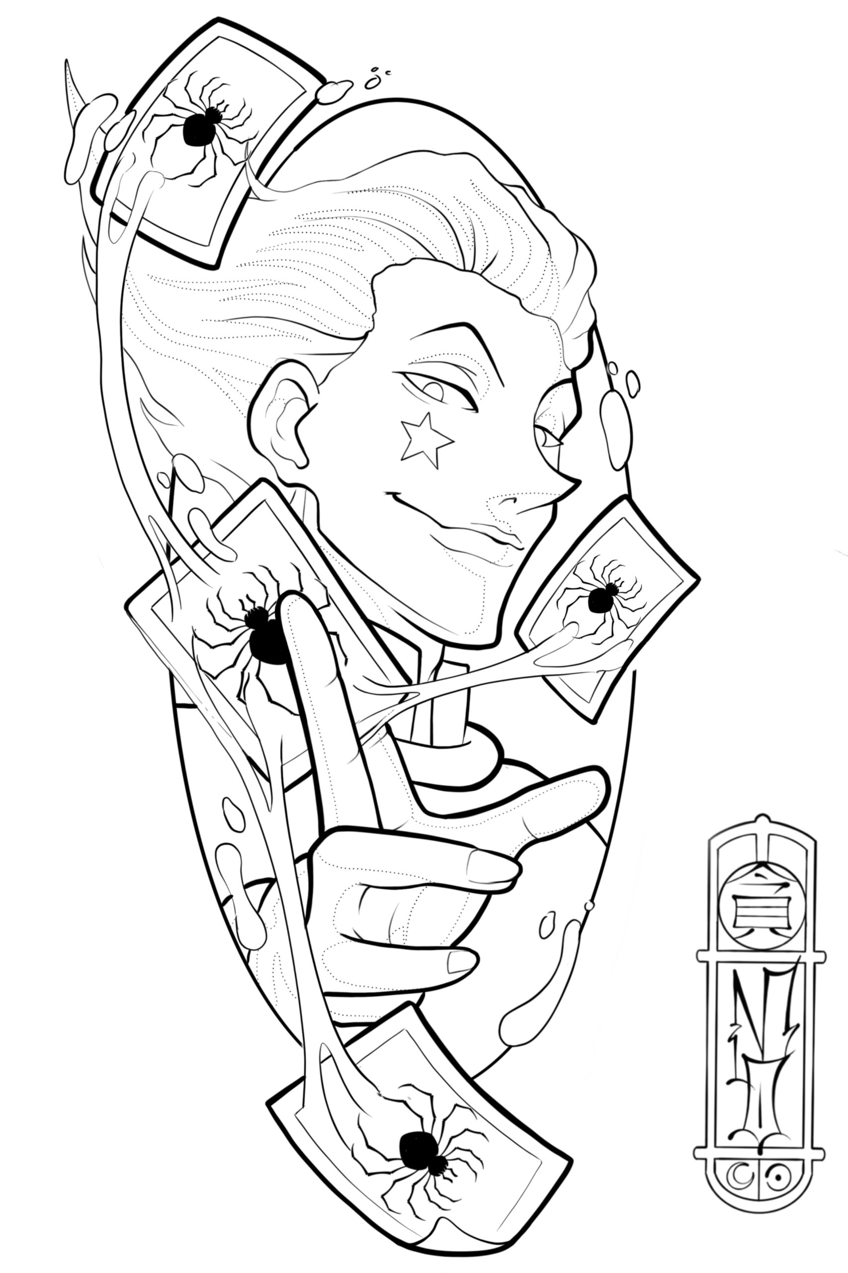 Zu sehen ist eine Animetattoo-Vorlage von Hisoka aus HunterxHunter, gemalt von Momo Soba