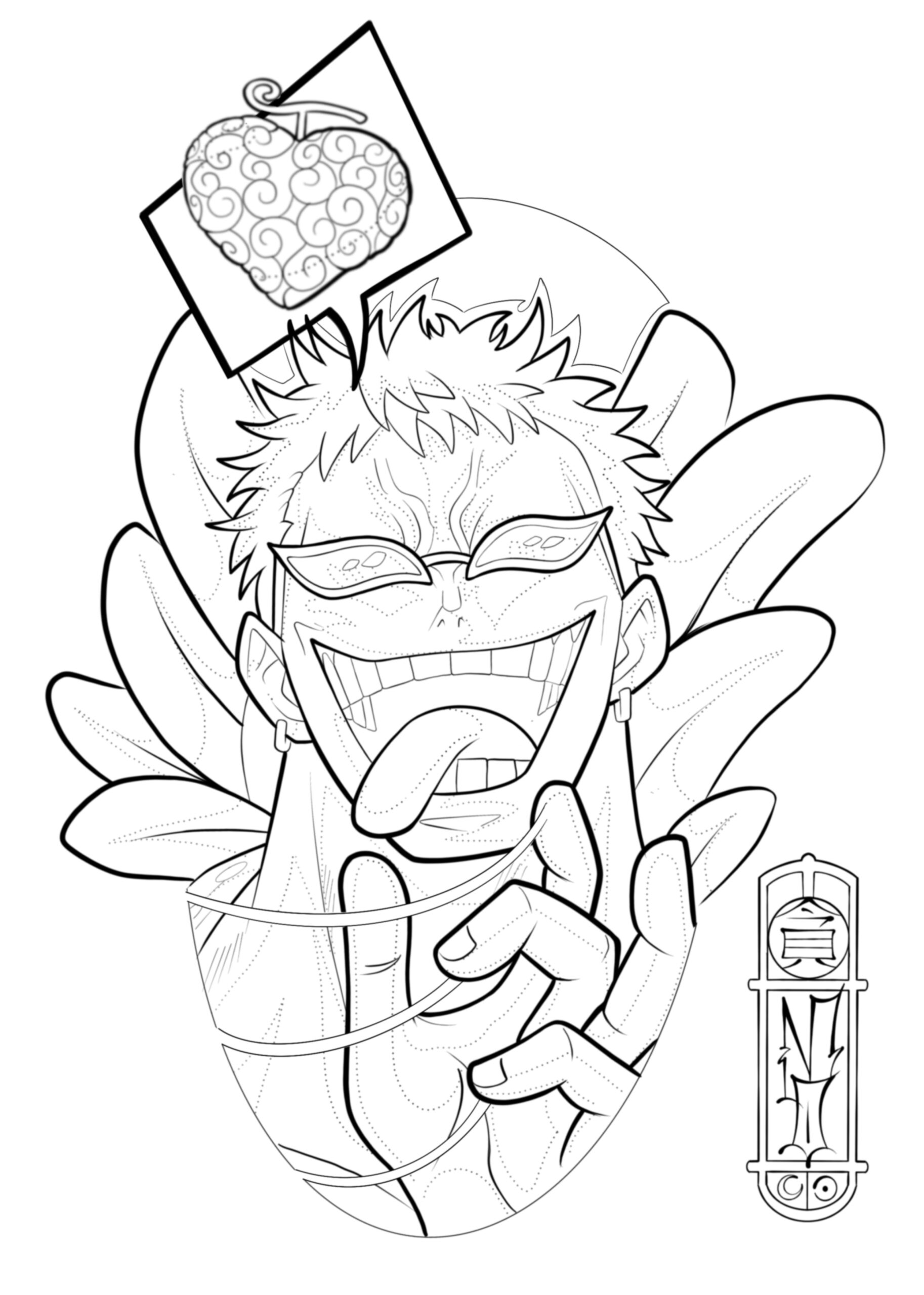 Zu sehen is eine Animetattoo Vorlage von Don Quichotte de Flamingo aus dem Anime One Piece, gezeichnet von Momo Soba