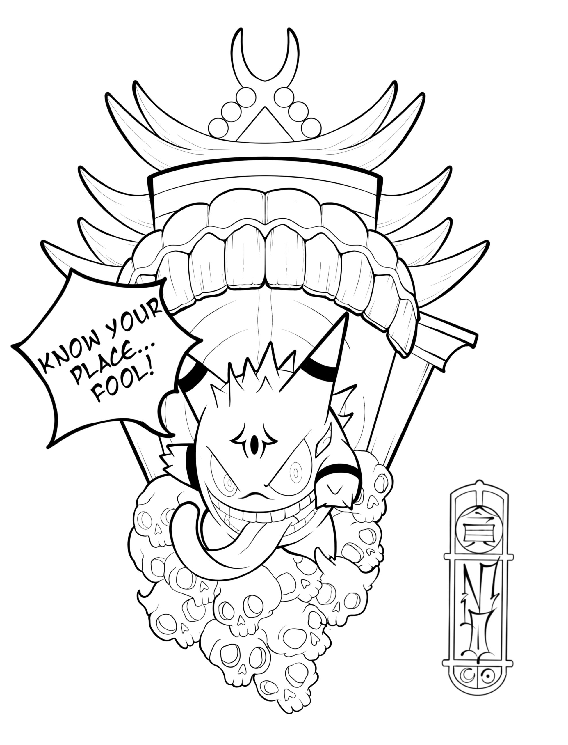 Zu sehen ist eine Anime Tattoo Vorlage von Gengar aus Pokemon und Sukuna aus Jujutsu Kaiser , gezeichnet von Momo Soba